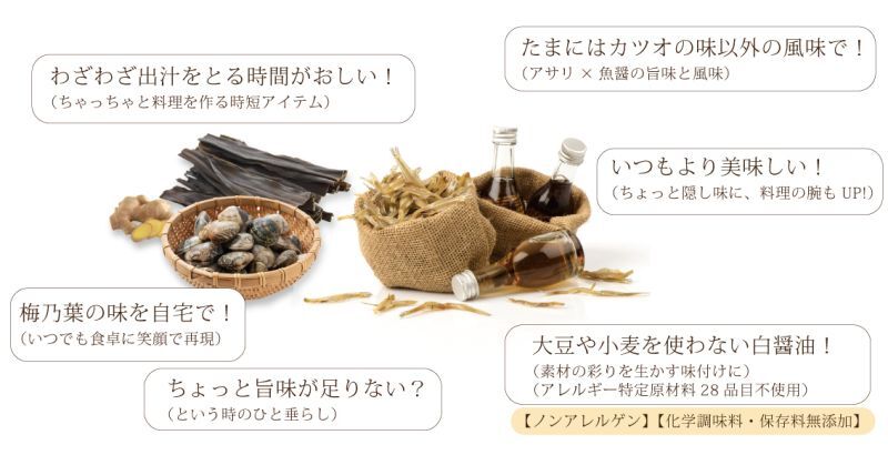 わざわざ出汁を取る時間がおしい！ちょっと旨味が足りない？たまにはカツオの味以外の風味で！アサリと魚醤ベースのオリエンタルな濃縮出汁