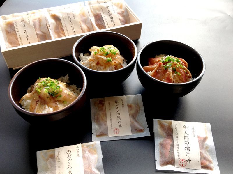 剣先イカ・のどぐろ・金太郎の海鮮3種漬け丼：日本の匠の技で作られる　本物の調味料で作った、　剣先イカ専門店こだわりの味